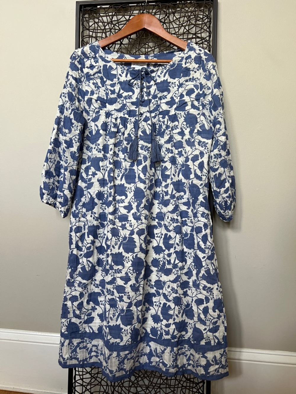 Studio ParkxAmy Stran 100% cotton dress blue white floral 3/4 Slv MISSING BELT M